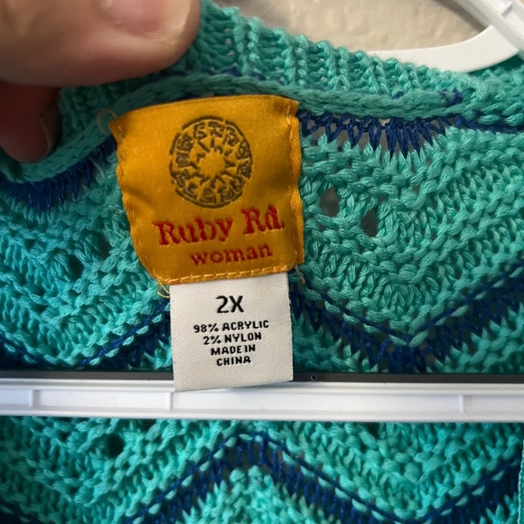 Ruby Rd. Teal and Blue Chevron Sweater with Fringe - Picture 4 of 5